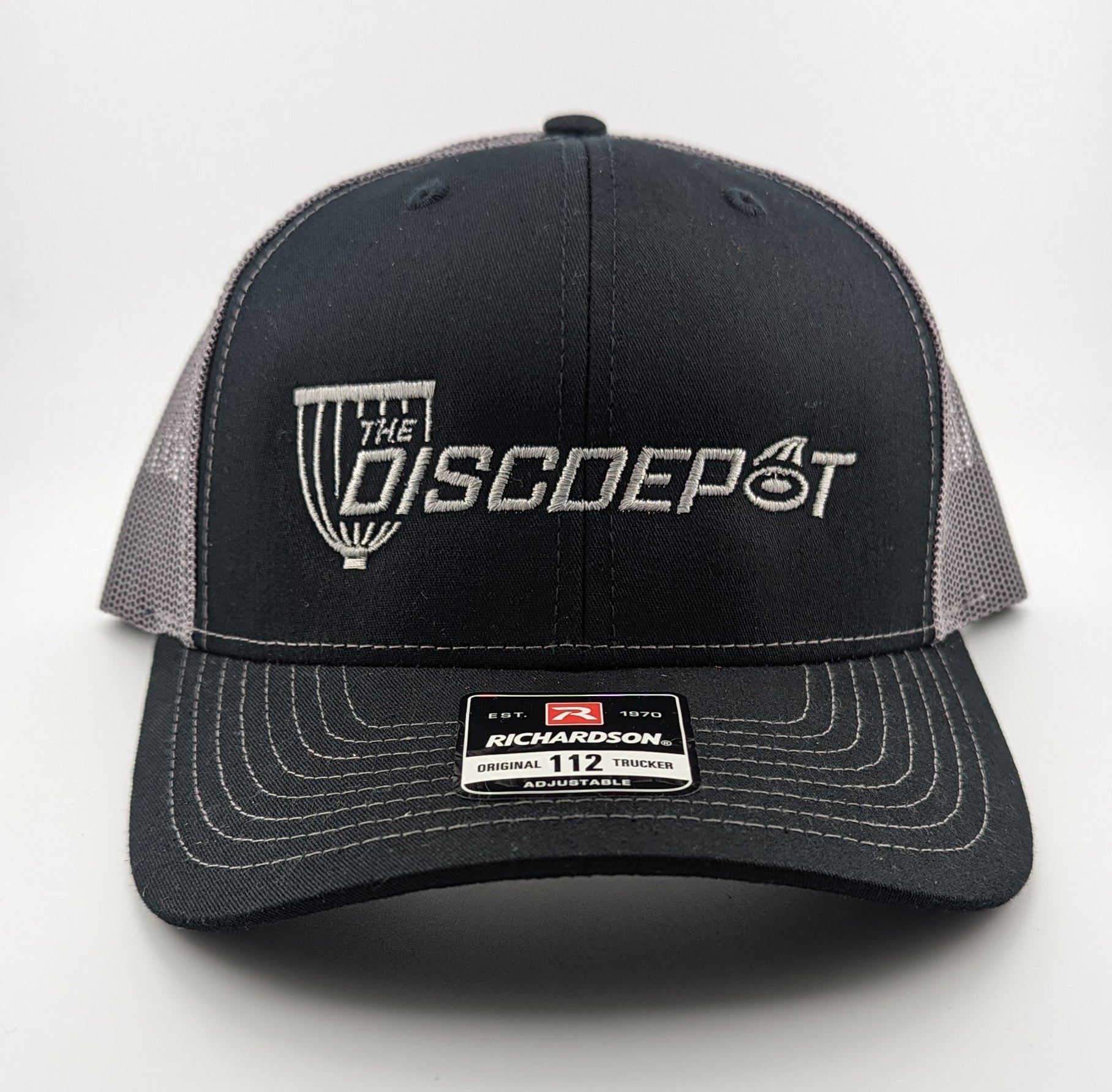 Buy dark-grey-black-white-bar-logo The Disc Depot Richardson 112 Trucker Hat